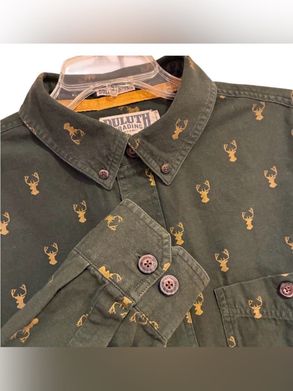 Duluth Trading Co Shirt Dark Olive Green  Deer Print Long Sleeve Button Down LT